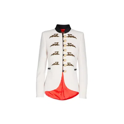 The Extreme Collection Women's Military-style White Tailored Jacket With Black Accents And Embroidered Gold Details Star Ra