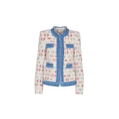 The Extreme Collection Women's Multicolor Geometric Jacquard Jacket With Blue Fringe Trim And Gold Button Details Gaetan In Blue/yellow
