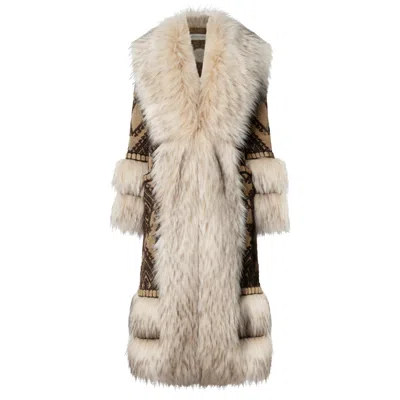 The Extreme Collection Women's Multicolour Long Knit Coat With Faux Fur Kira In Neutral