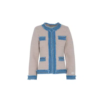 The Extreme Collection Women's Pink / Purple Alpaca And Wool Pink Tweed Jacket With Denim Trim Detail Mencia In Blue