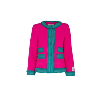 The Extreme Collection Women's Pink / Purple Fuchsia Tweed Jacket With Contrasting Teal Fringe Trim And Pocket Detailing Co In Pink/purple