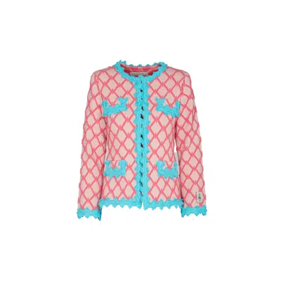 The Extreme Collection Women's Pink / Purple Textured Salmon Pink Jacket With Contrasting Blue Trim And Quilted Detailing C In Pink/purple