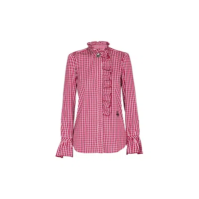The Extreme Collection Women's Red Boheme Maroon Gingham Blouse With Ruffled Trim And High Collar