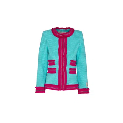 The Extreme Collection Women's Sky Blue Textured Jacket With Magenta Frayed Trim And Pocket Accents Coty