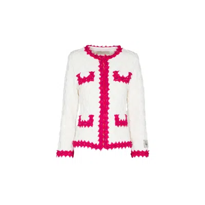 The Extreme Collection Women's Textured White Jacket With Contrasting Red Trim And Quilted Detailing Croix