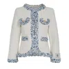 The Extreme Collection Women's White Ecru Tweed Cotton Blend Short Jacket With Patch Pockets And Light Blue Details Sky In White