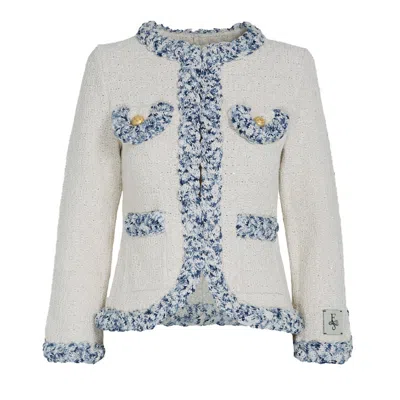 The Extreme Collection Women's White Ecru Tweed Cotton Blend Short Jacket With Patch Pockets And Light Blue Details Sky