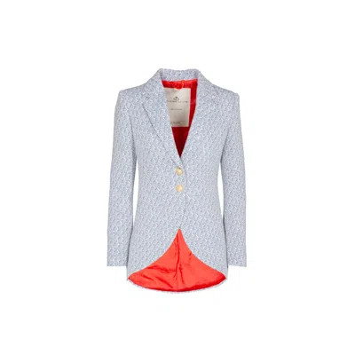 The Extreme Collection Women's White Elegant Light Blue Geometric Pattern Tailored Blazer With Contrast Lining Agostina