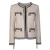 The Extreme Collection Women's White Handcrafted Tweed Jacket With Fringe Detailing And Bold Black Trim Mafalda In White