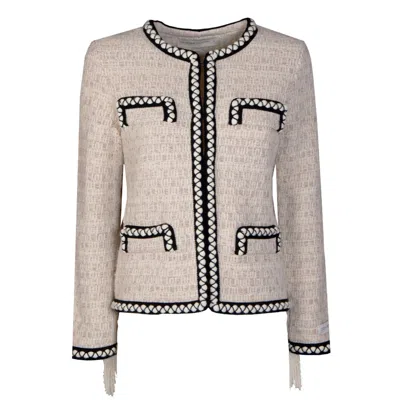 The Extreme Collection Women's White Handcrafted Tweed Jacket With Fringe Detailing And Bold Black Trim Mafalda