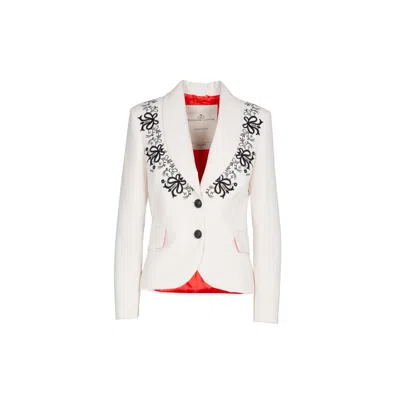 The Extreme Collection Women's White Ivory Blazer With Intricate Black Embroidery And Tailored Silhouette Olivia