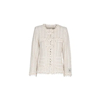 The Extreme Collection Women's White Ivory Textured Tweed Jacket With Delicate Fringe Accents Vachel
