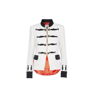 The Extreme Collection Women's White Nuvola Ecru Crepe Black Emroidery Military Blazer With Golden Buttons