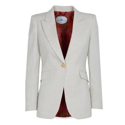The Extreme Collection Women's White Single Breasted Linen Ecru Blazer With Pockets Paisley