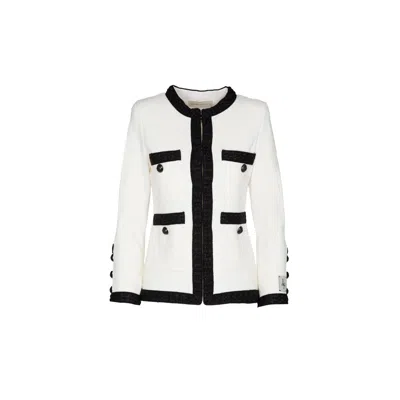 The Extreme Collection Women's White Wool Jacket With Black Textured Trim And Statement Buttons Thierry