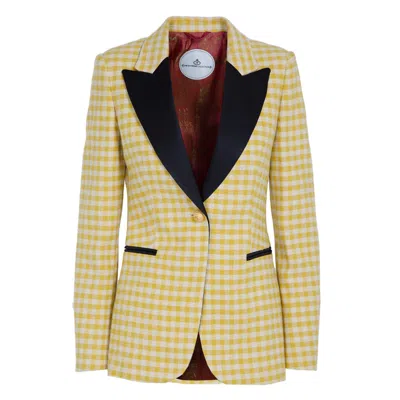 The Extreme Collection Women's Yellow / Orange Single Breasted Yellow Plaid Cotton Blend Blazer With Velvet Flaps Fiona In Yellow/orange