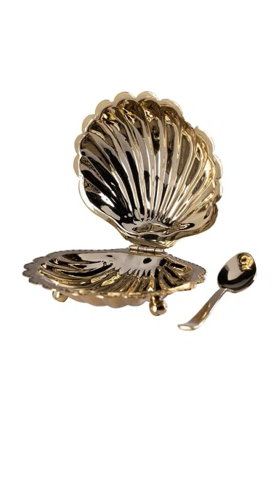 The Favorites Cap Ferrat Fan Shell Lidded Bowl With Spoon In Gold