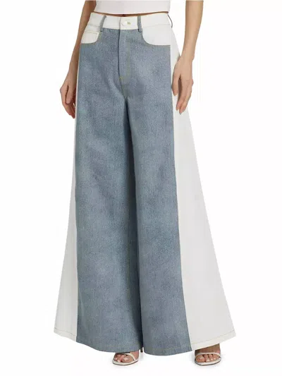 The Femm Perrie Colorblocked Flared Jeans In White Blue Denim In Multi