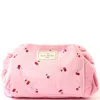 The Flat Lay Co. Drawstring Flat Lay Makeup Bag - Ditsy Cherries Pink Embroidered Velvet
