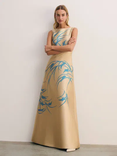 The Fold Embroidered Jacquard Maxi Gown Boat Neck In Gold