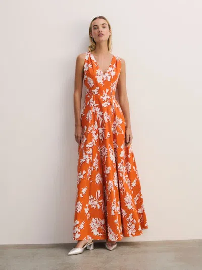 The Fold Maxi V-neck Floral Fit Flare Dress In Orange