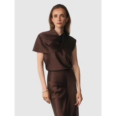 The Fold Ocana Asymmetric Sleeve Satin Blouse In Brown
