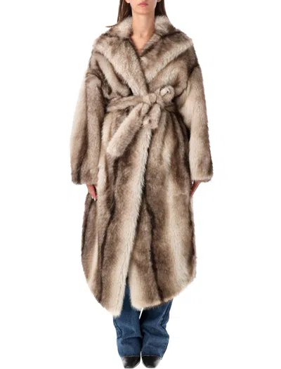 The Frankie Shop Belted Faux Fur Coat In Grigio