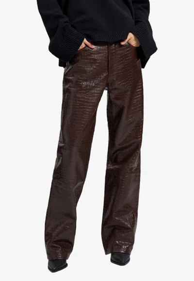 The Frankie Shop Bonnie Croc-effect Faux Leather Straight-leg Trousers In Brown