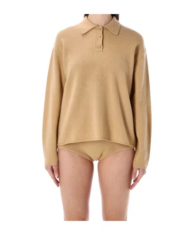 The Frankie Shop Bresica Wool Blend Knit Polo Sweater In Brown
