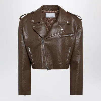 The Frankie Shop Cropped Brown Biker Jacket In Faux Leather In Yellow