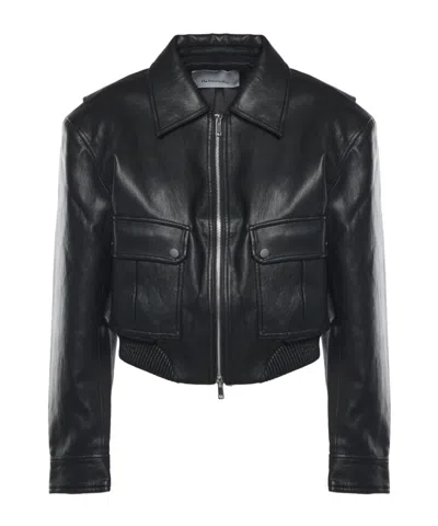 The Frankie Shop Cropped Lapel Leather Moto Jacket In Black