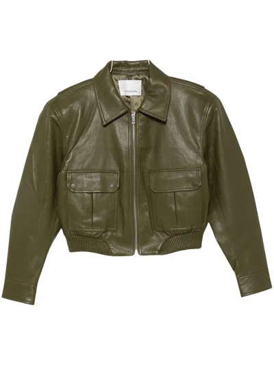 The Frankie Shop Cropped Val Mini Leather Jacket With Zip Closure And Patch Pockets In Green