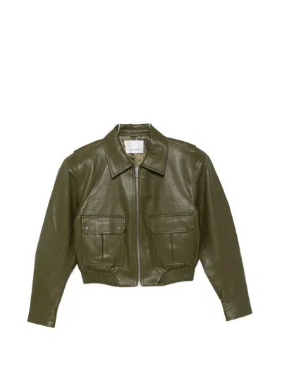 The Frankie Shop Cropped Faux Leather Cargo Jacket In Green