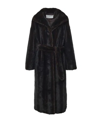 The Frankie Shop Dark Brown Lapel Belted Long Faux Fur Coat In Yellow