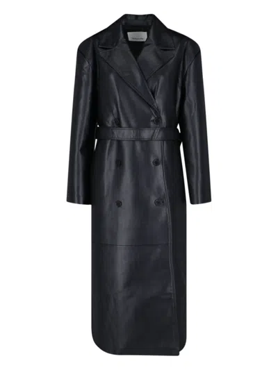 The Frankie Shop Double-breasted Faux Leather Coat With Removable Waist Belt In Black