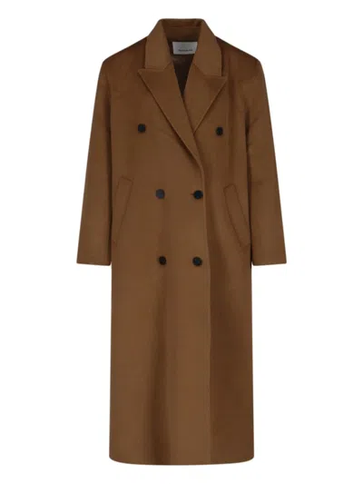 The Frankie Shop Double-breasted Wool Blend Coat With Classic Lapel In Brown