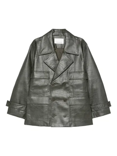 The Frankie Shop Faux Leather Double-breasted Coat In Green
