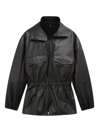 The Frankie Shop Funnel Neck Leather Jacket With Zip Front And Flap Pockets In Black