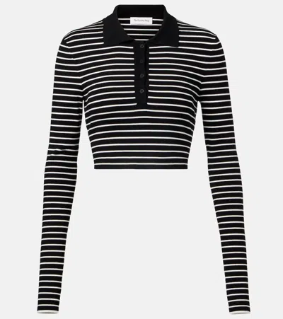 The Frankie Shop Giselle Striped Cropped Polo Shirt In Black