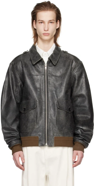 The Frankie Shop Wyatt Leather Bomber Jacket In Charcoal