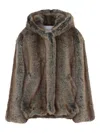 The Frankie Shop Short Brown Faux Fur Jacket With Hood And Gathered Hem In Gray