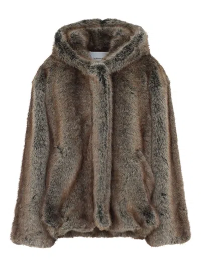 The Frankie Shop Short Brown Faux Fur Jacket With Hood And Gathered Hem In Gray