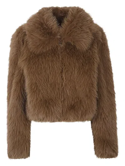 The Frankie Shop Hope Cropped Jacket Faux Fur Texture Collar In Brown
