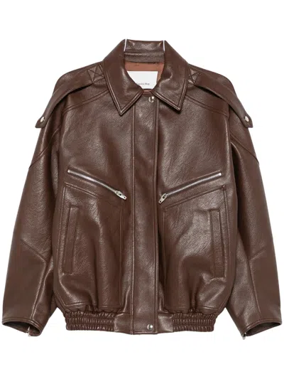 The Frankie Shop Hudson Oversized Faux Leather Bomber Jacket With Welt Pockets In Brown
