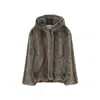 The Frankie Shop Short Brown Faux Fur Jacket With Hood And Gathered Hem In Gray