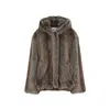 The Frankie Shop Short Brown Faux Fur Jacket With Hood And Gathered Hem In Gray