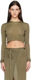 The Frankie Shop Khaki Kazel Cropped Thin Knit T-shirt In Green