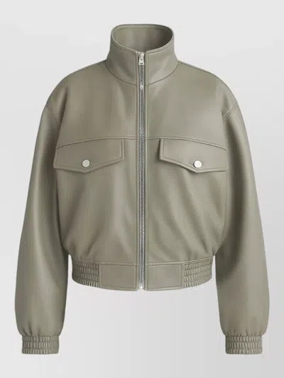 The Frankie Shop Leather Jacket High Collar Elasticated Cuffs In Green