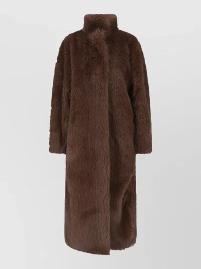 The Frankie Shop Long Faux Fur Coat High Collar In Brown