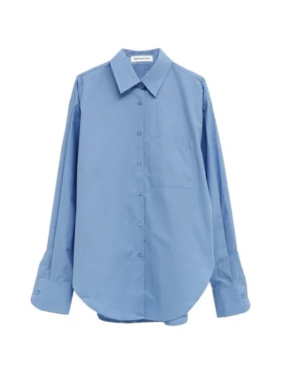 The Frankie Shop Lui Chest-pocket Curved-hem Shirt In Blue